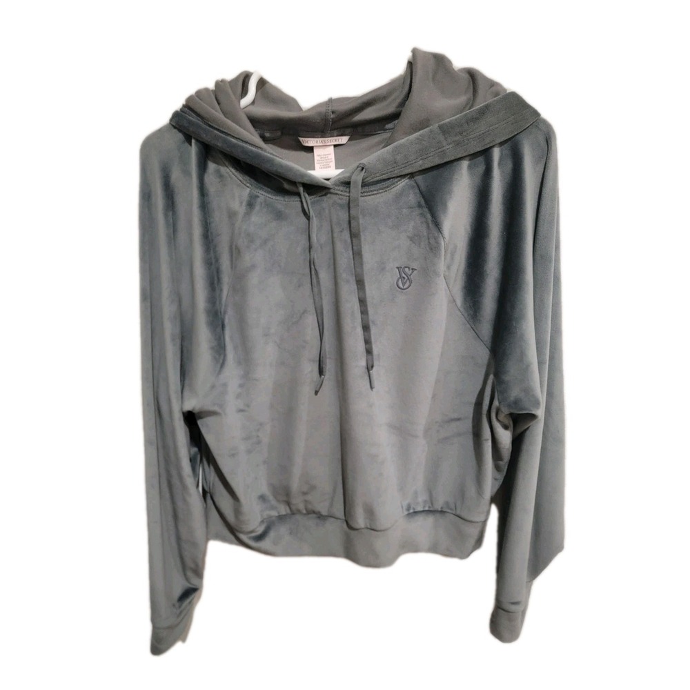 Victoria's Secret‎ Gray Velour Pullover Hoodie Women's Size M Cropped Monogram